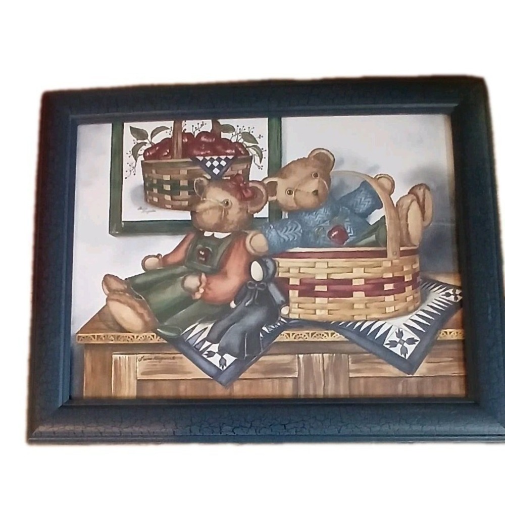 Rustic Teddy Bear Wall Art Framed Print Basket Apples Farmhouse Nursery Decor